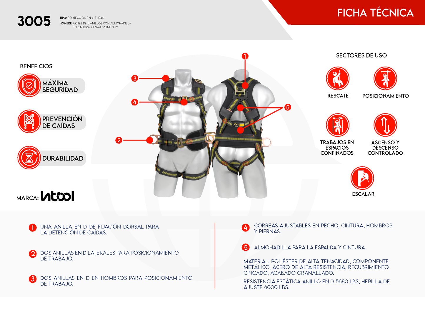 Arnés de Seguridad 5 Anillos Almohadilla Cintura Espalda