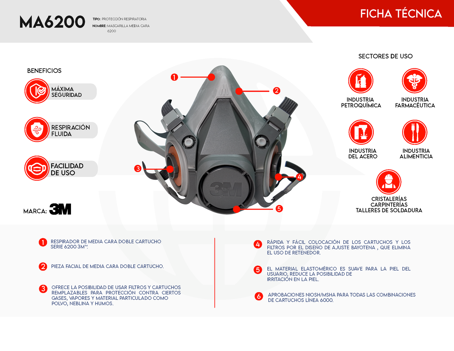 Respirador Media Cara 3M 6200 - Reutilizable Profesional