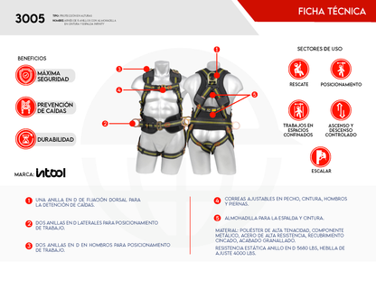 Arnés de Seguridad 5 Anillos Almohadilla Cintura Espalda