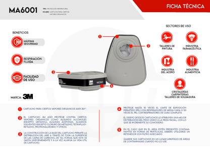 Cartucho Vapores Orgánicos 3M 6001 - Carbón Activado